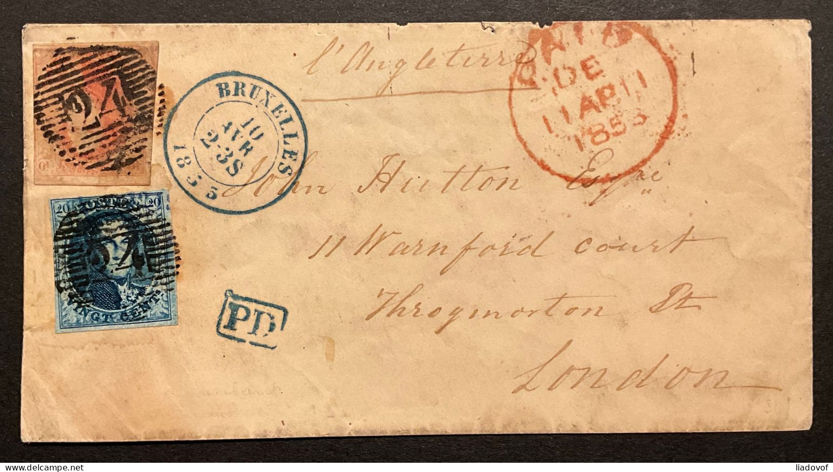 Lettre 10/04/1853 - Affr. OBP 7+8 Obl. P24 Bruxelles > Londres - Cachet Ambulant Ouest No 1 - 1851-1857 Medallones (6/8)