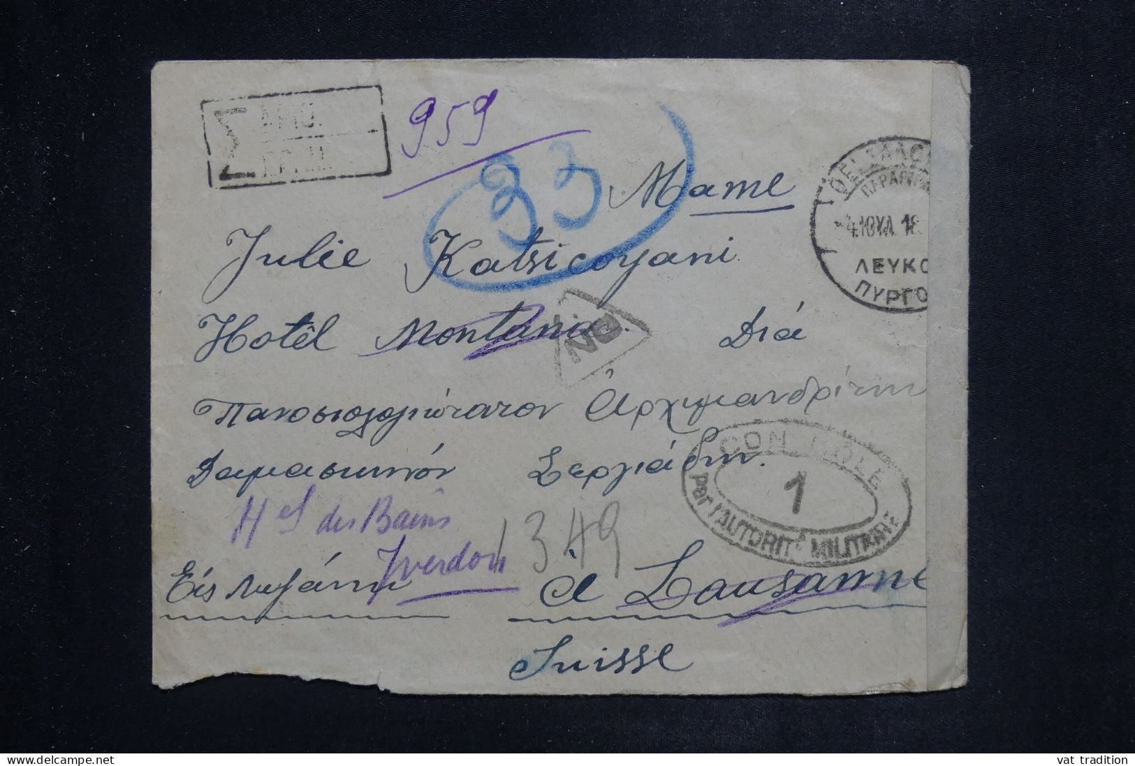 GRECE - Enveloppe Pour La Suisse  En 1918 Avec Contrôle Postal - L 151092 - Cartas & Documentos