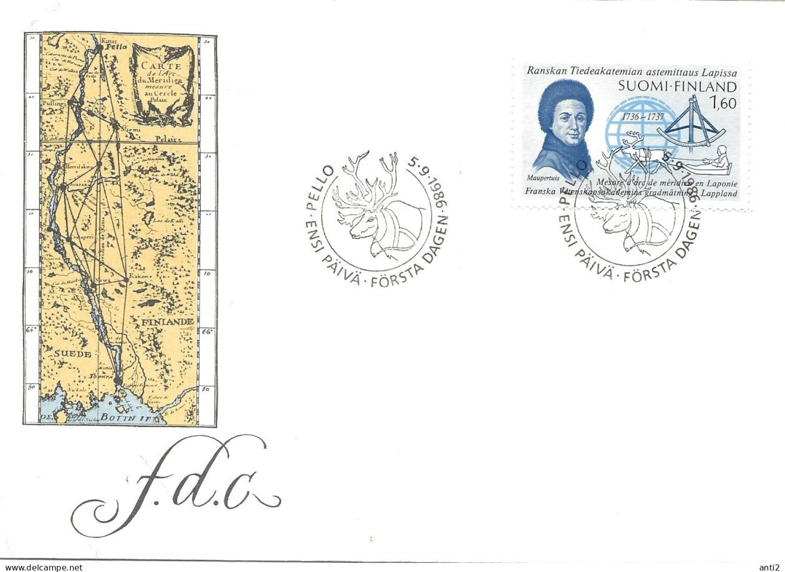 Finland   1986 250th Anniversary Of The French Expedition In Lapland. Pierre-Louis Moreau De Maupertius.,  Mi 1002 FDC - Brieven En Documenten