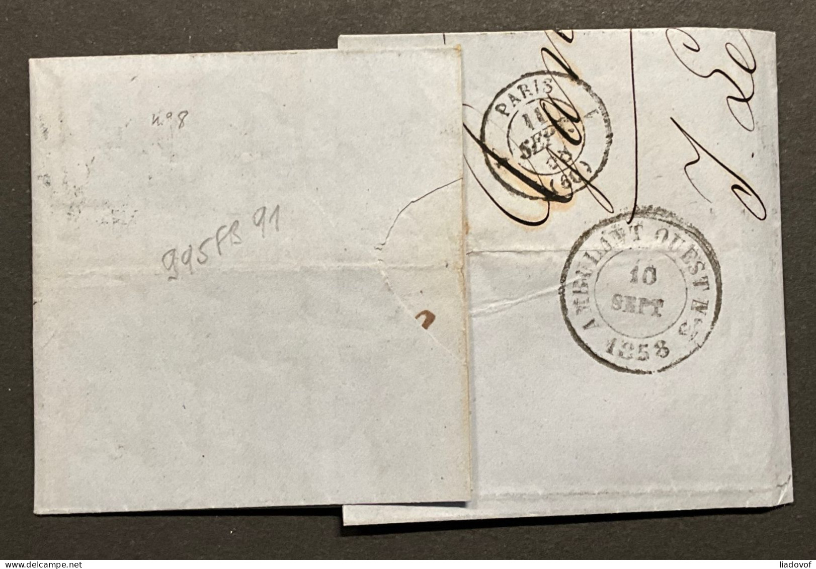 Lettre 11/09/1858 - Affr. OBP 8 Obl. P45 Gand > Lille - Ambulant Ouest No 3 - 1858-1862 Medallions (9/12)