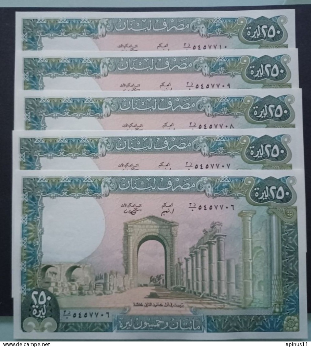 BANKNOTE LIBAN LEBANON 250 LIVRES 1988 5 BANKNOTES WITH CONSECUTIVE SERIAL NUMBERS UNCIRCULATED - Líbano