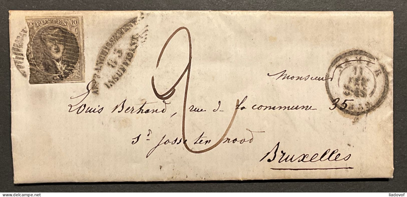 Lettre 11/02/1859 - Affr. OBP 10A Obl. P83 Namur > Bruxelles - Affranchissement Insuffisant 83 - 1858-1862 Medaillen (9/12)