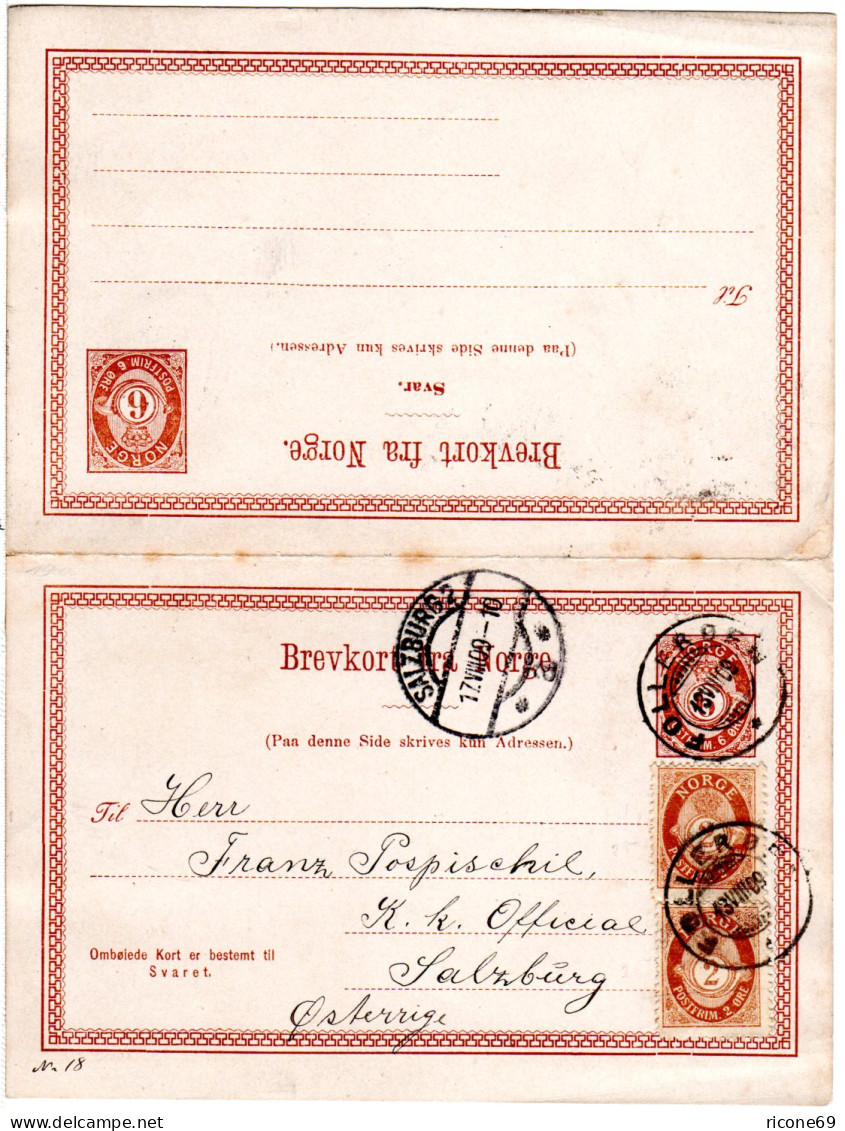Norwegen P19, 6 öre Doppelkarte M. Zusatzfr. V. Folleröen N. Österreich. Kat 660 - Cartas & Documentos