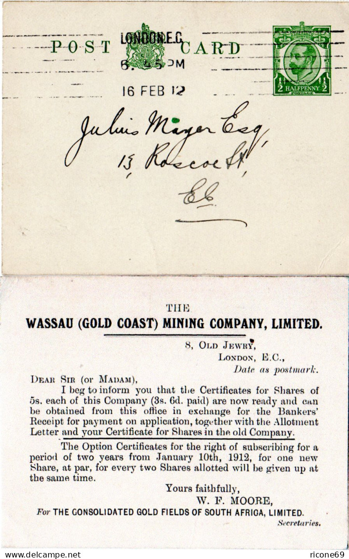 GB 1912, 1/2d Ganzsache M. Rücks. Zudruck Wassau Gold Coast Mining Company - Münzen