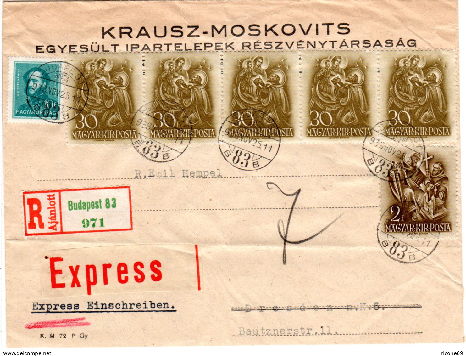 Ungarn 1938, 7 Marken Auf Reko-Express Brief V. Budapest N. Deutschland - Covers & Documents