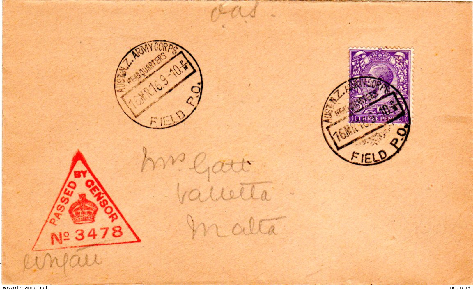Ägypten 1916, Austral. U. Neuseeland Corps FPO, Brief M. Malta Zensur No. 3478 - Autres - Océanie