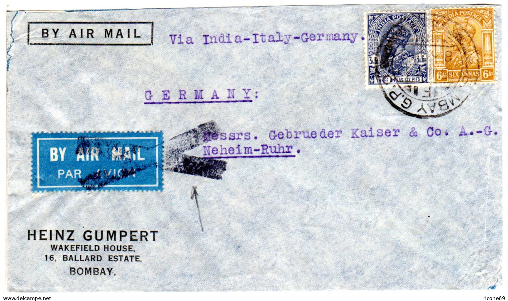 Indien 1930, 6+3 A.6P. Auf Luftpost Brief V. Bombay N. Deutschland. - Altri & Non Classificati