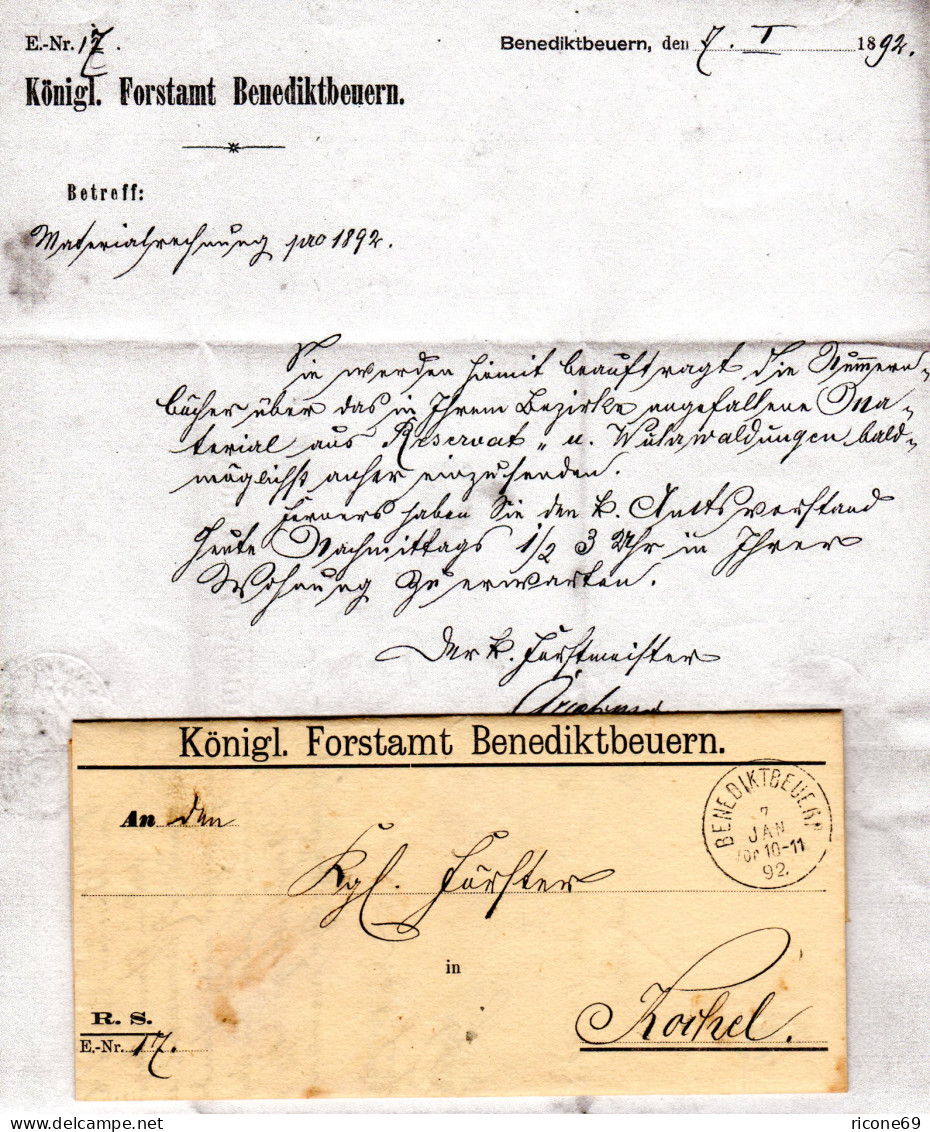 Bayern 1892, K1 BENEDIKTBEUERN Auf Forstamt Vordruck Brief N. Kochel  - Lettres & Documents