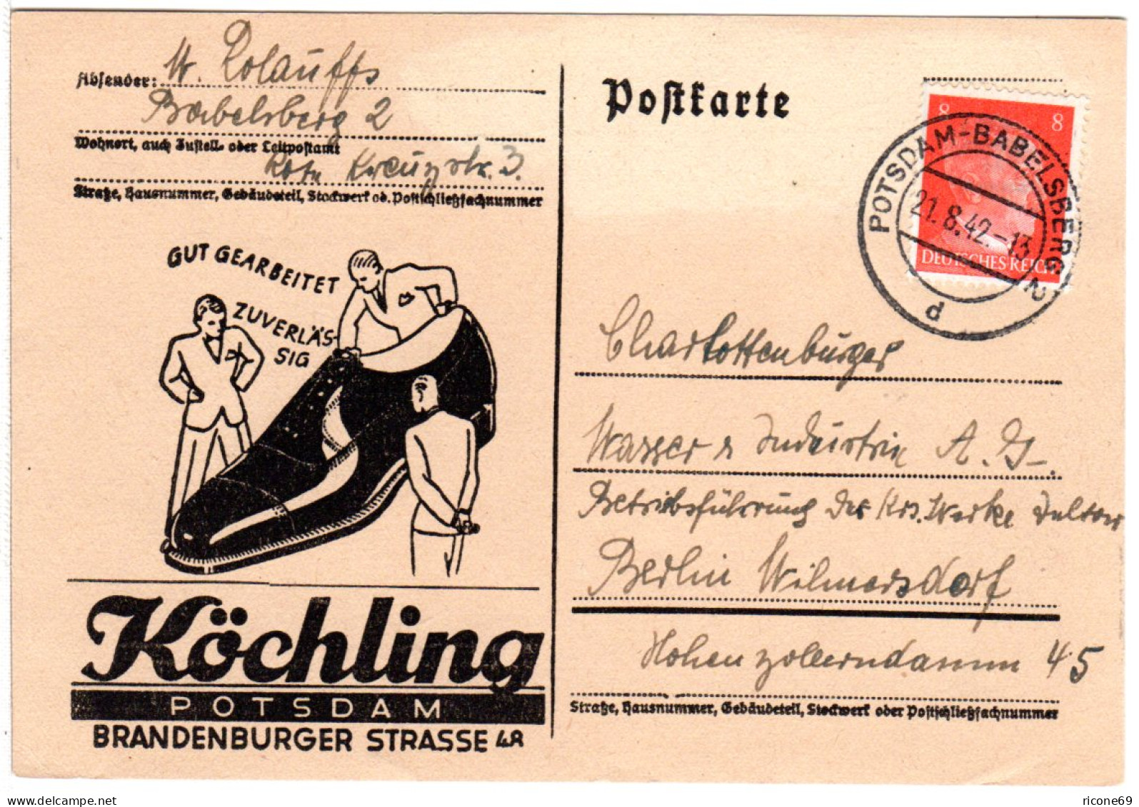 DR 1942, 8 Pf. Auf Illustrierter Firmenkarte V. Potsdam-Babelsberg 2 - Lettres & Documents