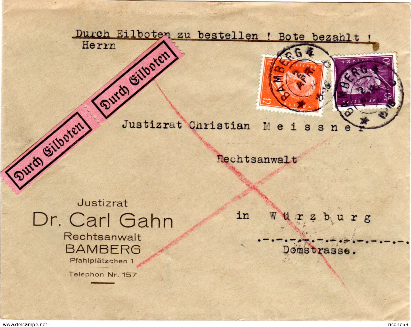 DR 1932, 40+12 Pf. Auf Eilboten Brief V. Bamberg N. Würzburg - Lettres & Documents