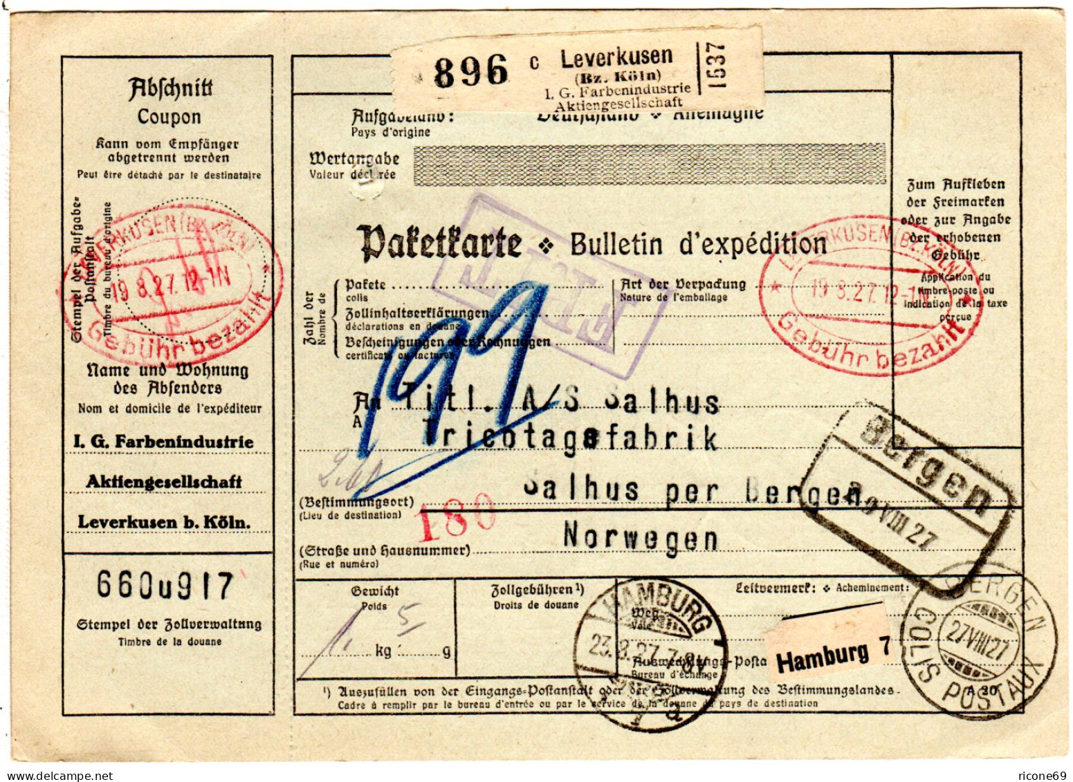 DR 1927, Paketkarte M Rotem Gebühr Bezahlt Ovalstempel V. Leverkusen N. Norwegen - Lettres & Documents