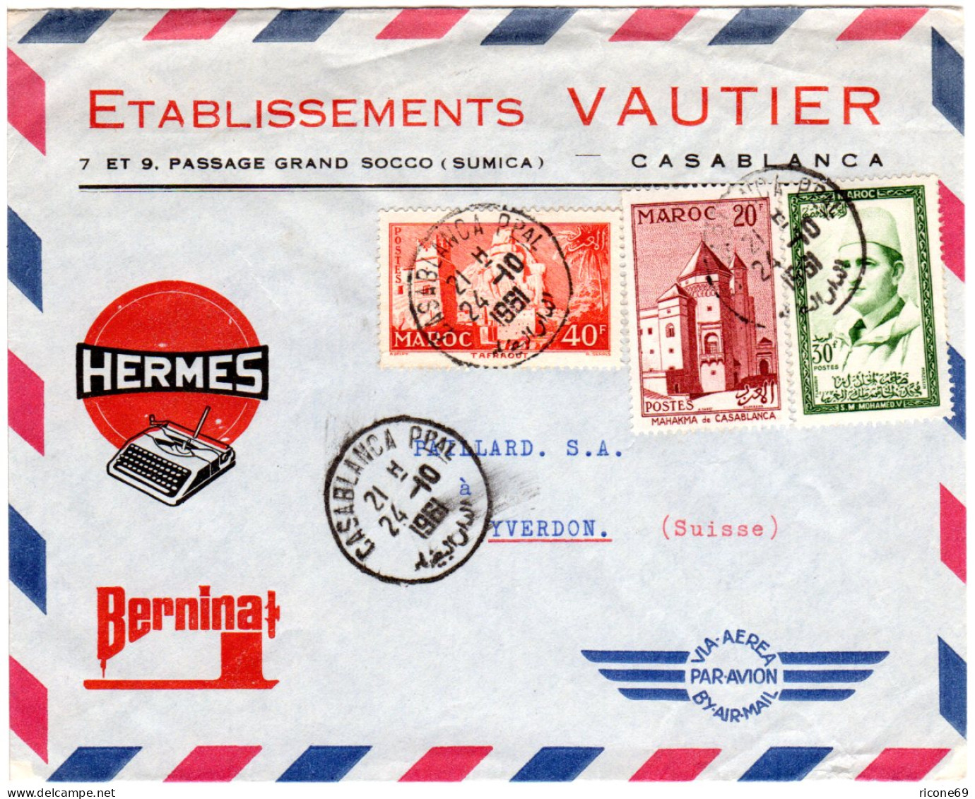 Marokko 1961, 3 Marken Auf Reklame Luftpost Umschlag V. Casablanca I.d. Schweiz - Autres - Afrique