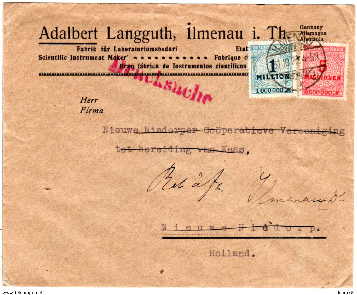 DR 1923, 1+5 Mio. Auf Auslands Drucksache Brief V. Ilmenau I.d. NL U. Retour - Lettres & Documents