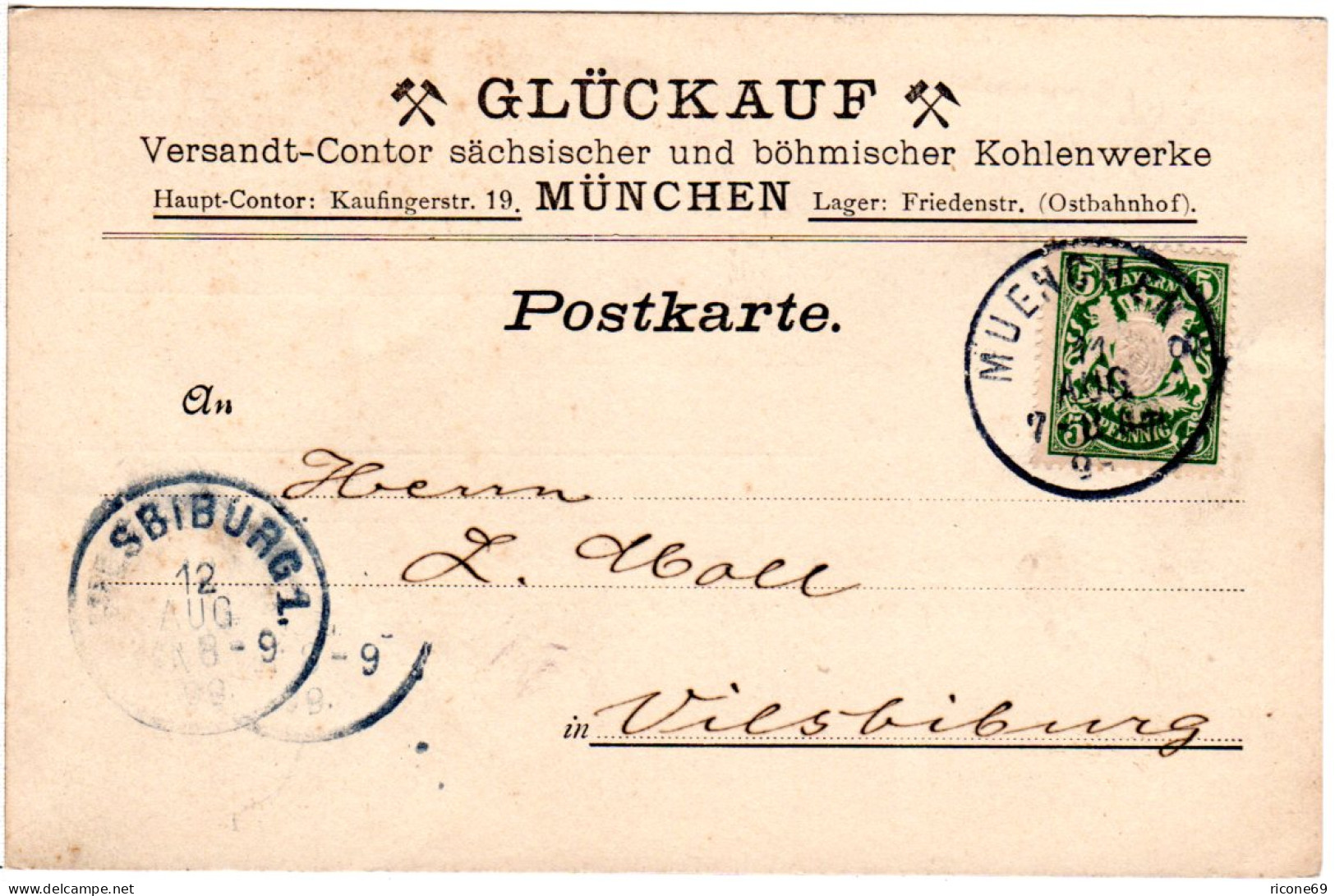Bayern 1899, Glückauf Kohlenwerke Karte M. 5 Pf. Ab München - Fábricas Y Industrias