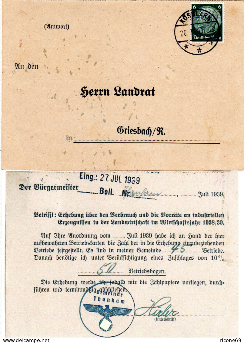 DR 1939, 6 Pf. Auf Gemeinde Karte V. THANNHAM M. Bürgermeister Unterschrift - Lettres & Documents