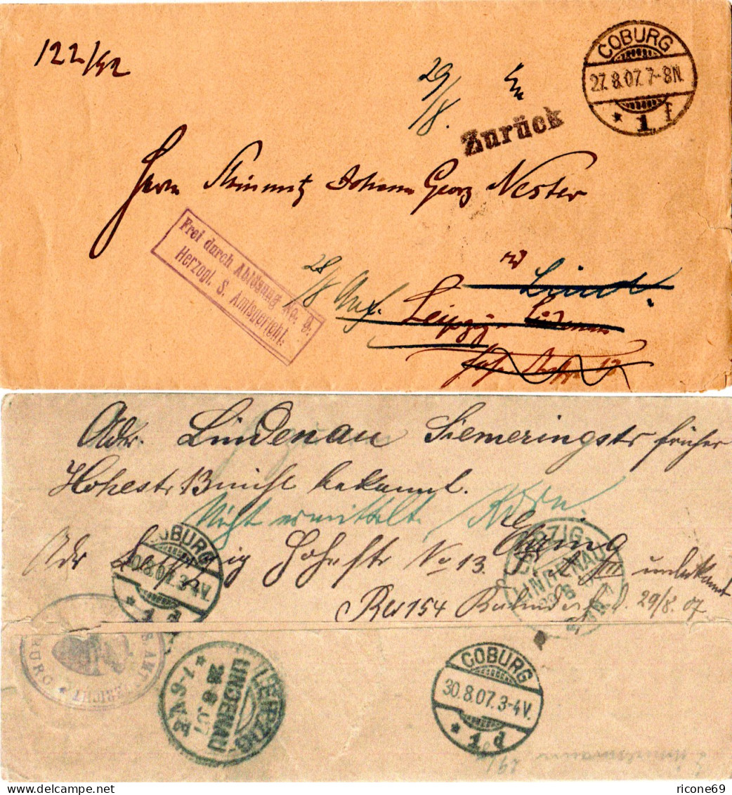 DR 1907, Frei D. Ablösung No.9 Herzogl. S. Amtsgericht, Brief Coburg-Leipzig  - Lettres & Documents