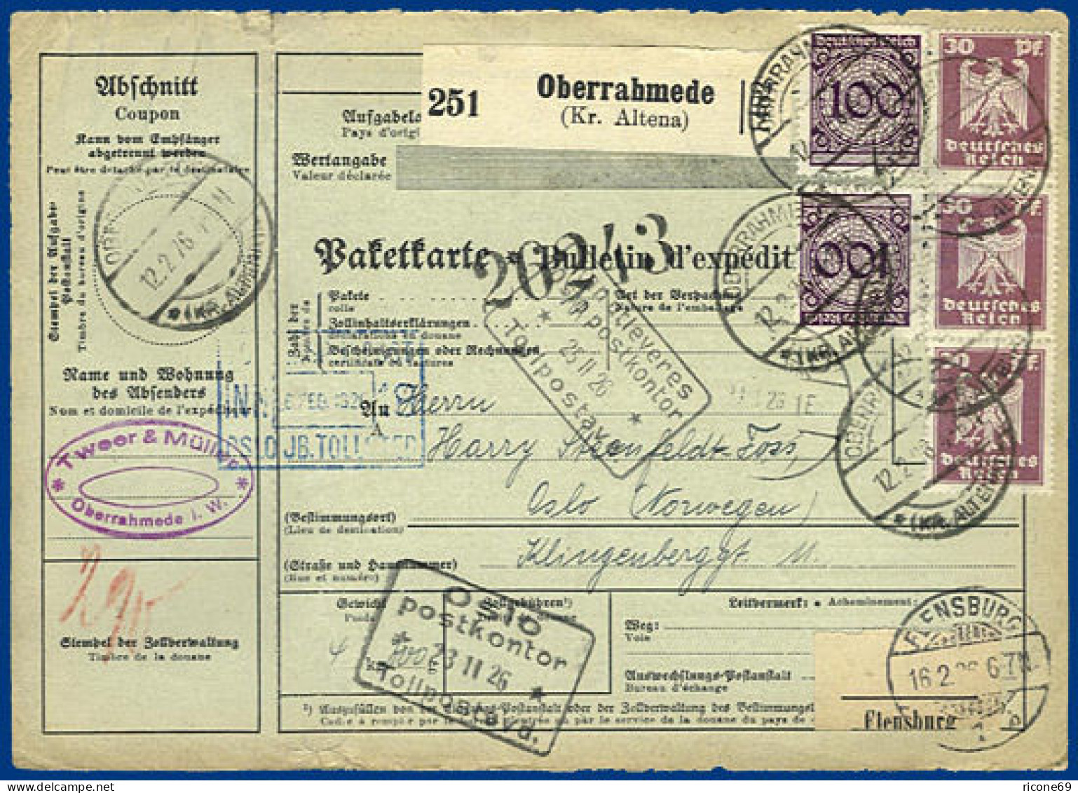 DR Norwegen 1926, Paketkarte V. Oberrahmede Altena M. 5 Marken+div. Stpln. #117 - Lettres & Documents