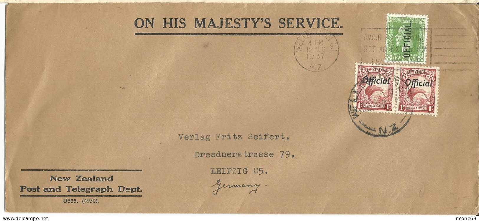 Neuseeland 1937, 1/2+Paar 1d Official Auf Dienst Brief V. Wellington N. Leipzig - Autres & Non Classés