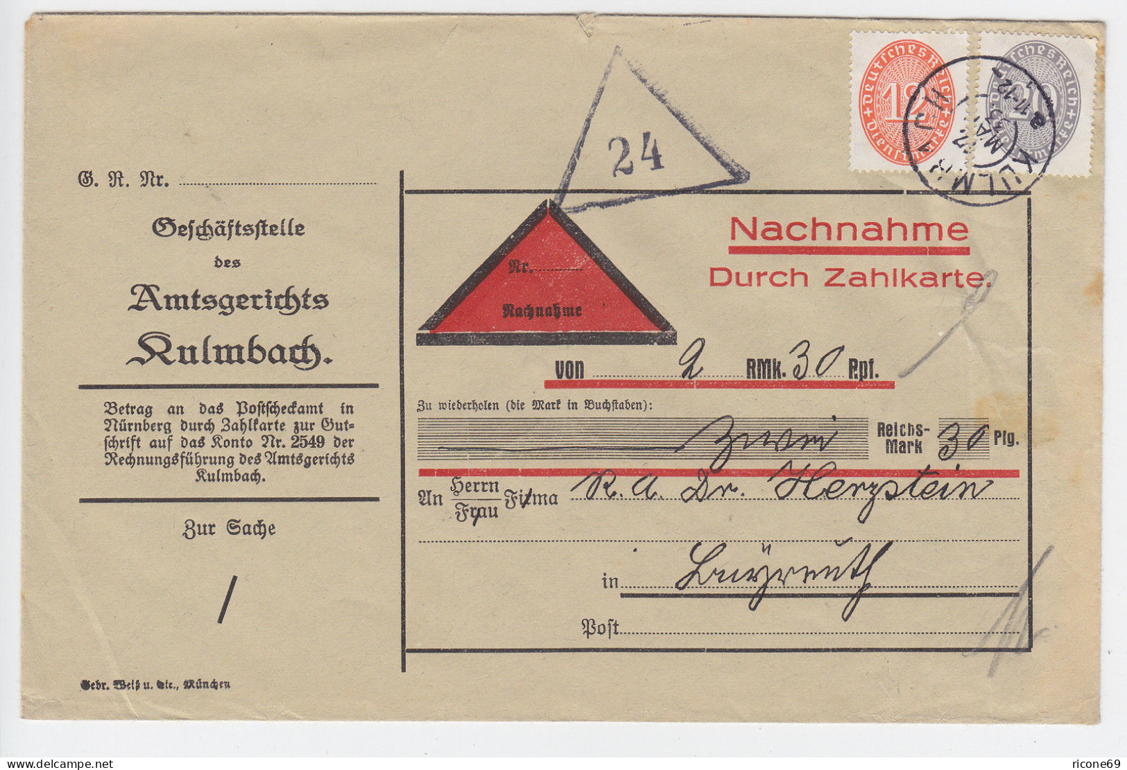 DR 1930, 12+20 Pf. Dienst Auf Nachnahme Brief V. Kulmbach N. Bayreuth. #2358 - Service