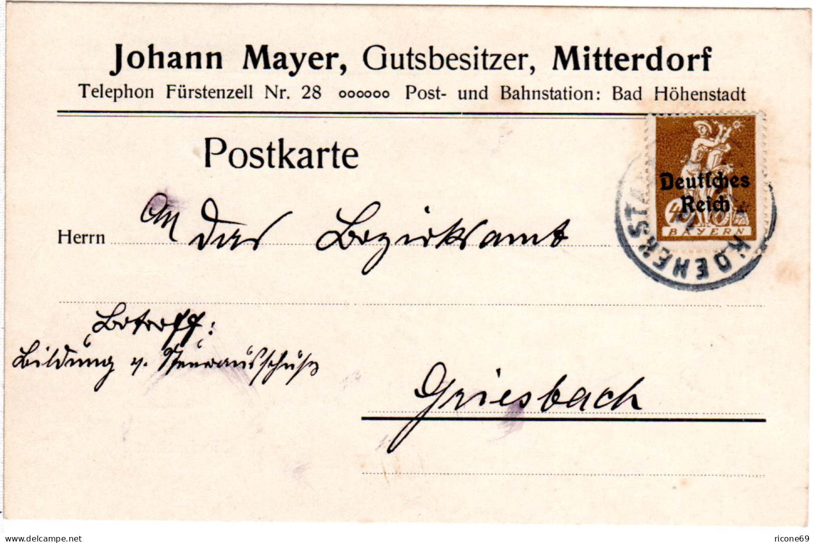 DR 1921,40 Pf. Auf Vordruck Karte V. Gut Mitterdorf M. Stpl. HOEHENSTADT - Lettres & Documents