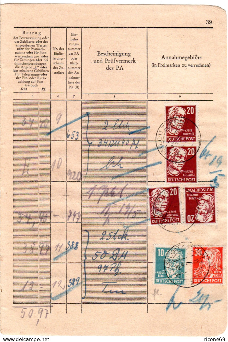 DDR 1950, 6 Marken F. Gebühren Auf Seite Eines Posteinlieferungsbuches V. Loitz - Lettres & Documents