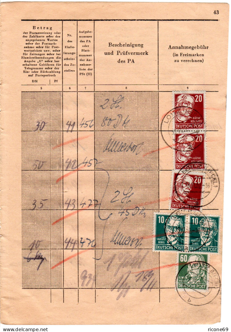 DDR 1952, 7 Marken F. Gebühren Auf Seite Eines Posteinlieferungsbuches V. Loitz. - Lettres & Documents