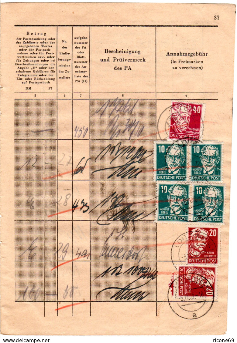 DDR 1952, 7 Marken F. Gebühren Auf Seite Eines Posteinlieferungsbuches V. Loitz - Lettres & Documents