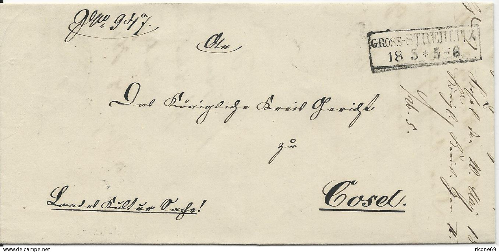 Preussen 1865, R1 Gross-Strehlitz Auf Oberschlesien Brief N. Cosel - Storia Postale