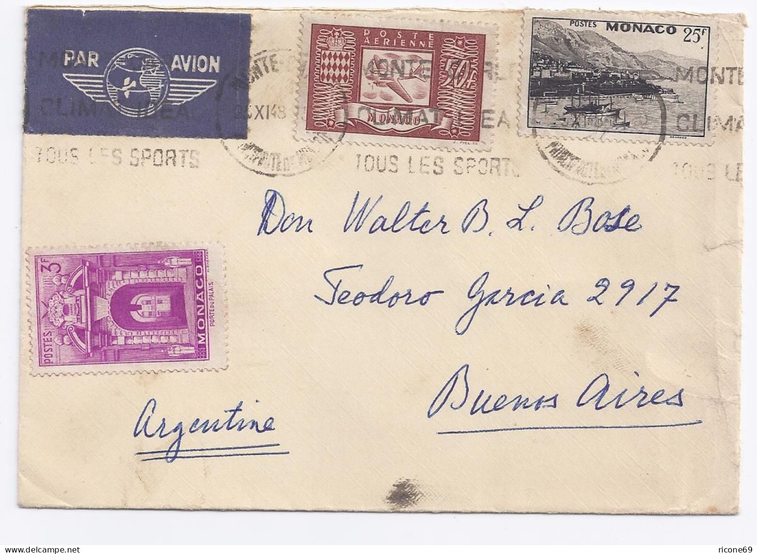 Monaco 1948, Luftpost Brief M. 3 Marken N. Argentinien. Destination!  - Other & Unclassified