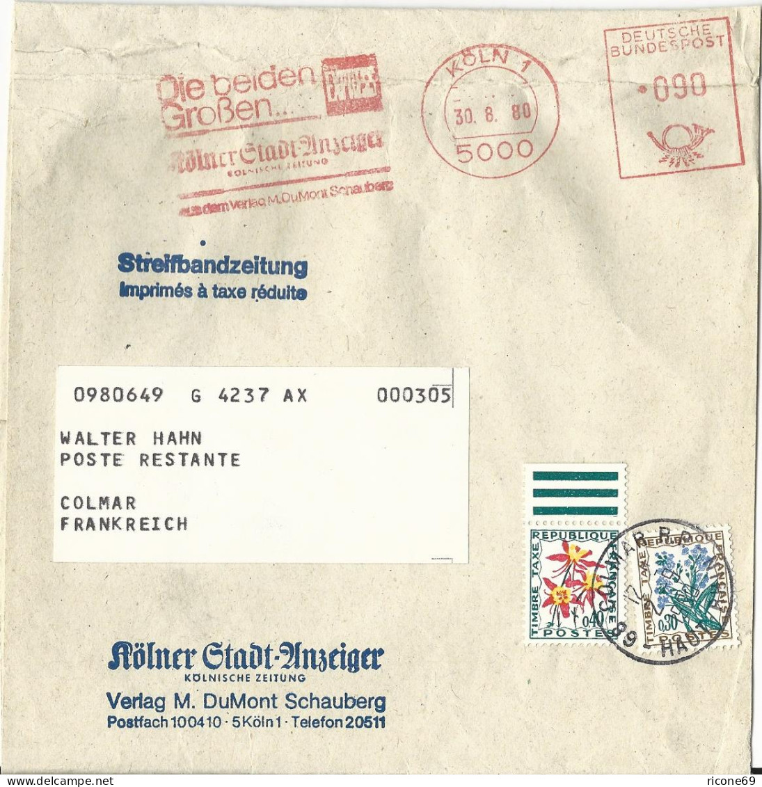 BRD 1980, Streifband Stadtanzeiger Köln M. Frankreich Porto Marken  - Lettres & Documents