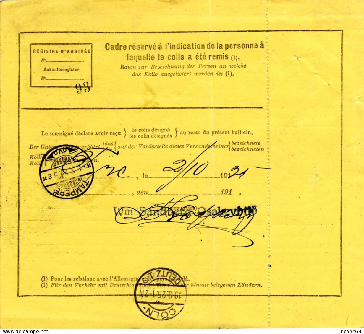 Belgien 1925, 3 Eisenbahn Paketmarken Auf Frachtbrief V. Liege N. Finnland. - Sonstige & Ohne Zuordnung