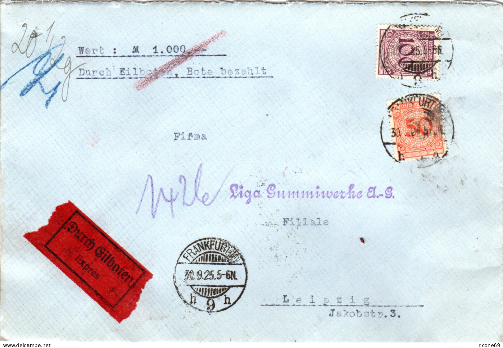 DR 1925, 50+100 Pf Höchstwerte Portorichtig Auf Eilboten-Wert Brief V. Frankfurt - Lettres & Documents