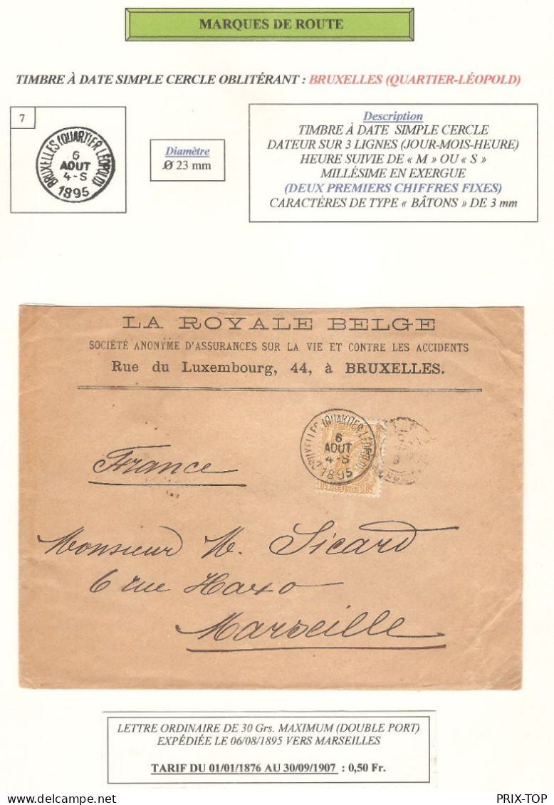 TP 50 FB S/L. Royale Belge Double Port Obl. BXL ( Quartier Léopold) 6/8/1895 > Marseille C. D'arrivée Page De Collection - 1893-1900 Schmaler Bart