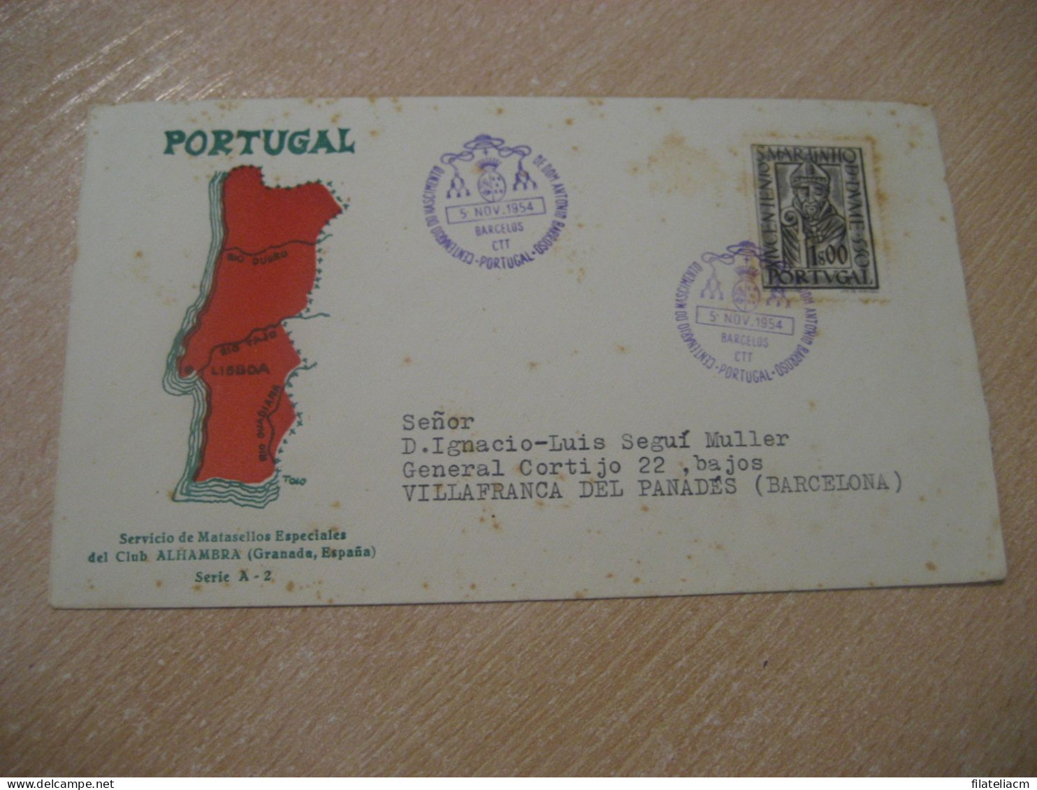 BARCELOS 1954 To Villafranca Del Penedes Vilafranca Spain Antonio Barroso Religion Cancel Cover PORTUGAL - Brieven En Documenten