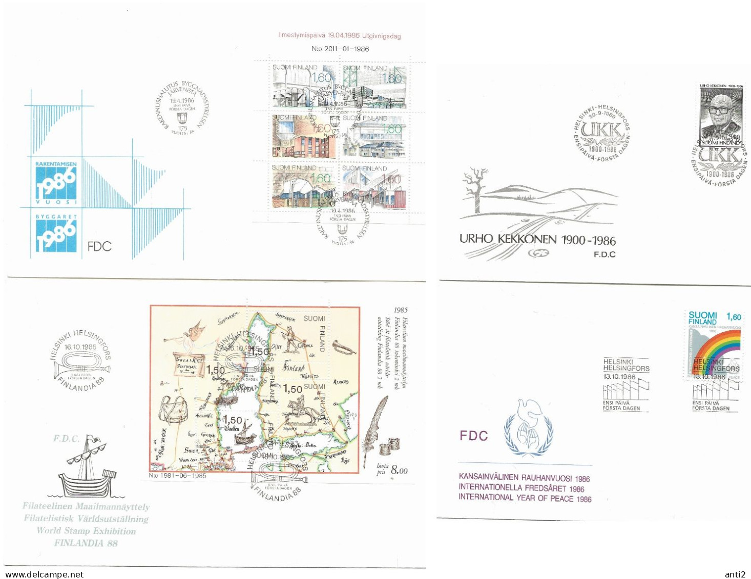 Finland   1986 8 FDC Issued 1986  - Stamps, Booklet, Bloc  -  981-992, Bloc 2, 1002-1004   FDCs - Briefe U. Dokumente