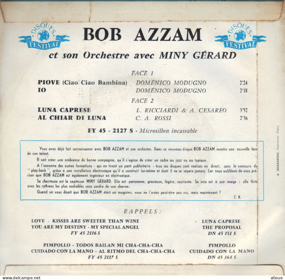 BOB AZZAM EN ITALIE - FR EP - PIOVE + 3 - Autres - Musique Italienne
