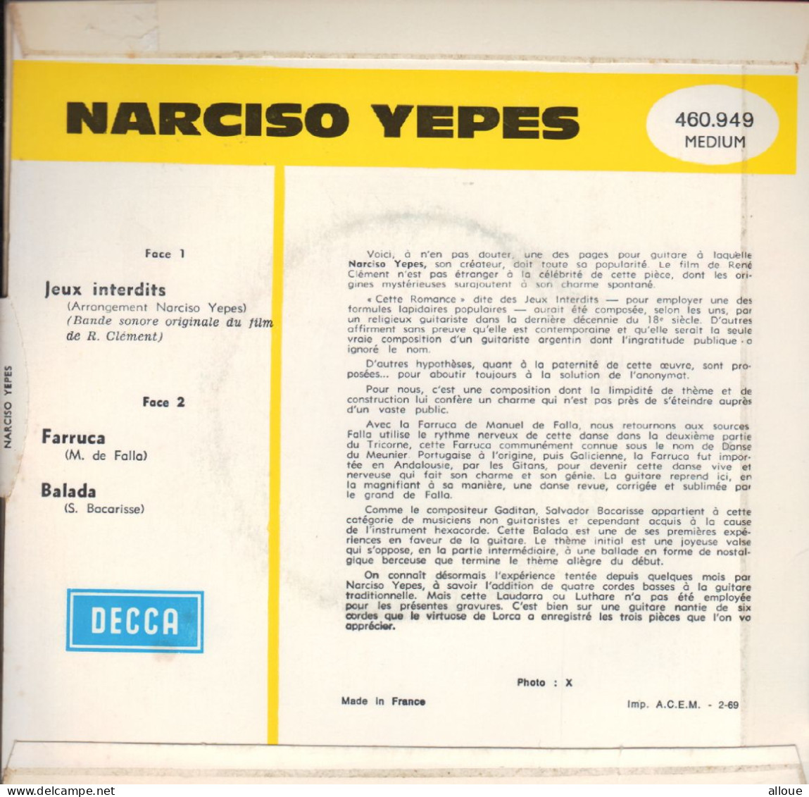 NARCISO YEPES - FR EP - JEUX INTERDITS (BO DU FILM) + 3 - Filmmuziek