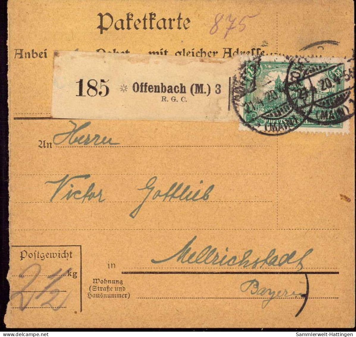 604034 | Inflation, Paketkarte, Einzelfrankatur, Nr. Zettel Mit Eindruck Der Firma R. G. C. | Offenbach (W 6050) - Lettres & Documents