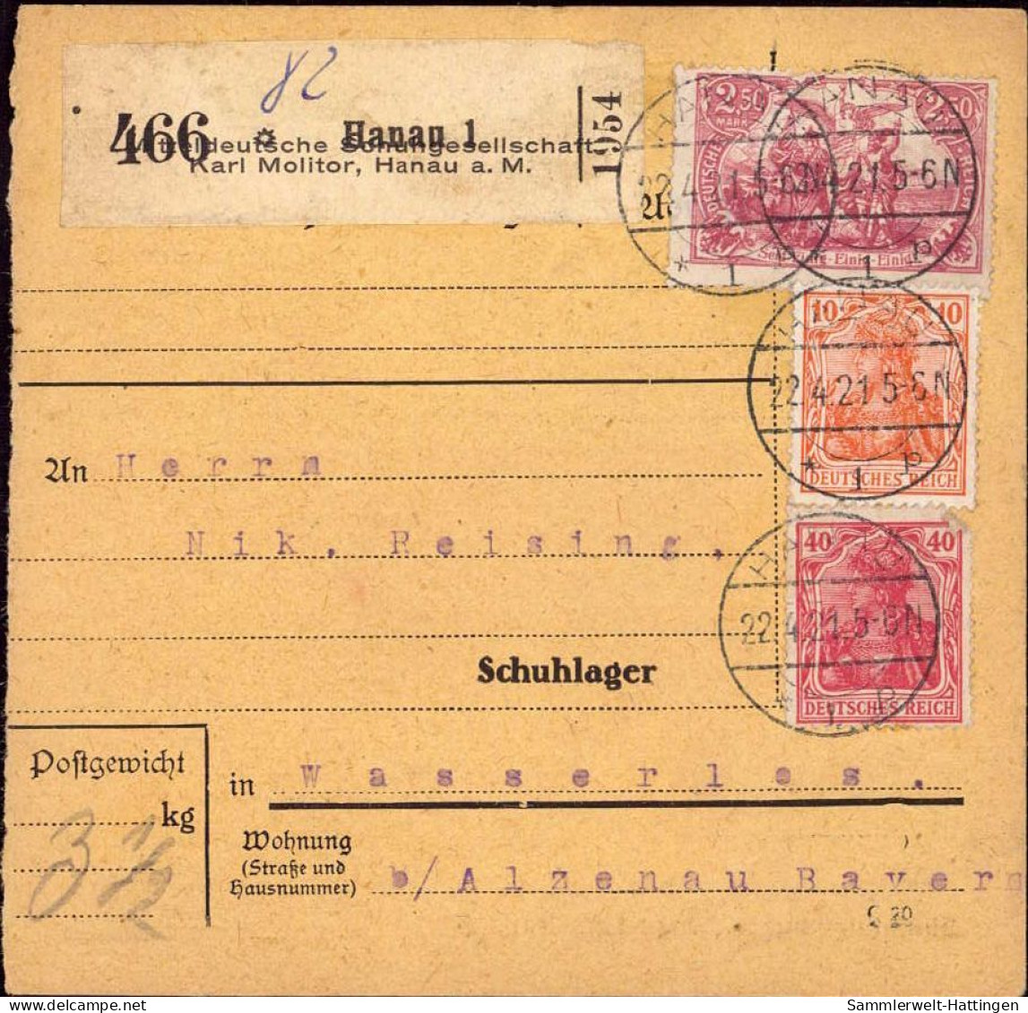 604037 | Inflation, Paketkarte, Nr. Zettel Mit Eindruck Mitteldeutsche Schuhgesellschaft Karl Molitor | Hanau (W 6450) - Lettres & Documents