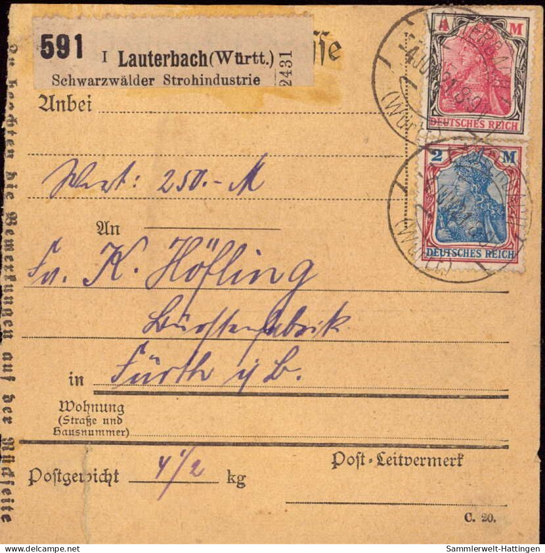 604042 | Inflation, Paketkarte, Nr. Zettel Mit Eindruck Schwarzwälder Strohindustrie  | Lauterbach (W - 7233), -, - - Lettres & Documents