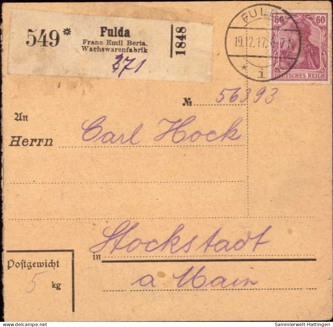 604043 | Inflation, Paketkarte, Einzelfrankatur, Nr. Zettel Mit Eindruck Franz Emil Berta, Wachswarenfabrik | Fulda (W 6 - Lettres & Documents