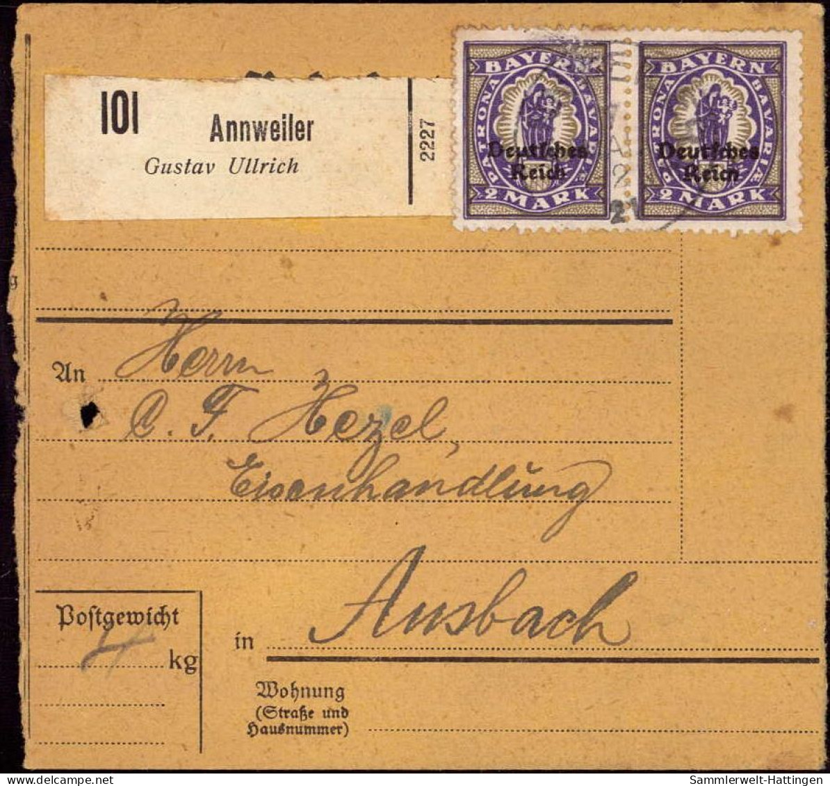 604029 | Bayern Abschied, Mehrfachfrankatur, Paketkarte, Nr. Zettel Mit Eindruck Der Firma Gustav Ullrich | Annweiler (W - Lettres & Documents