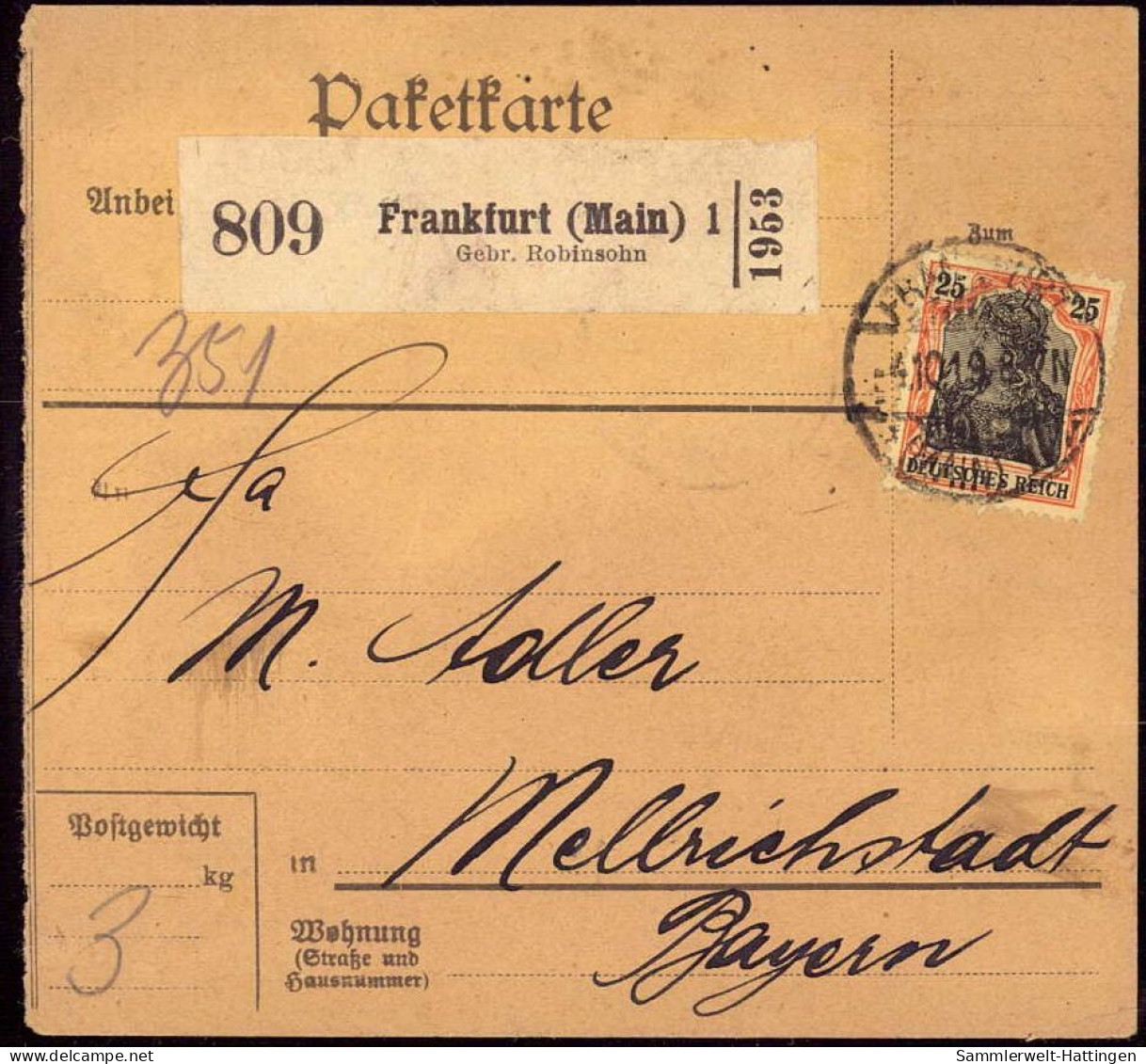 604035 | Inflation, Paketkarte, Nr. Zettel Mit Eindruck Der Firma Gebr. Robinsohn, Judaica  | Frankfurt (W - 6000), -, - - Lettres & Documents