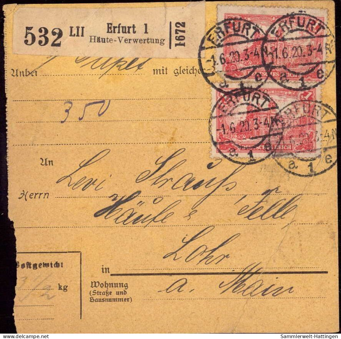 604036 | Inflation, Paketkarte, Mehrfachfrankatur, Nr. Zettel Mit Eindruck Der Firma Häute Verwertung  | Erfurt (O - 502 - Lettres & Documents