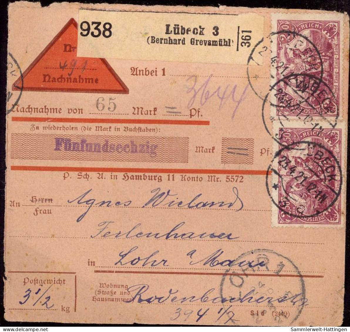 604033 | Inflation, Paketkarte, Mehrfachfrankatur, Nr. Zettel Mit Eindruck Der Firma Bernhard Grevsmühl | Lübeck (W 2400 - Lettres & Documents