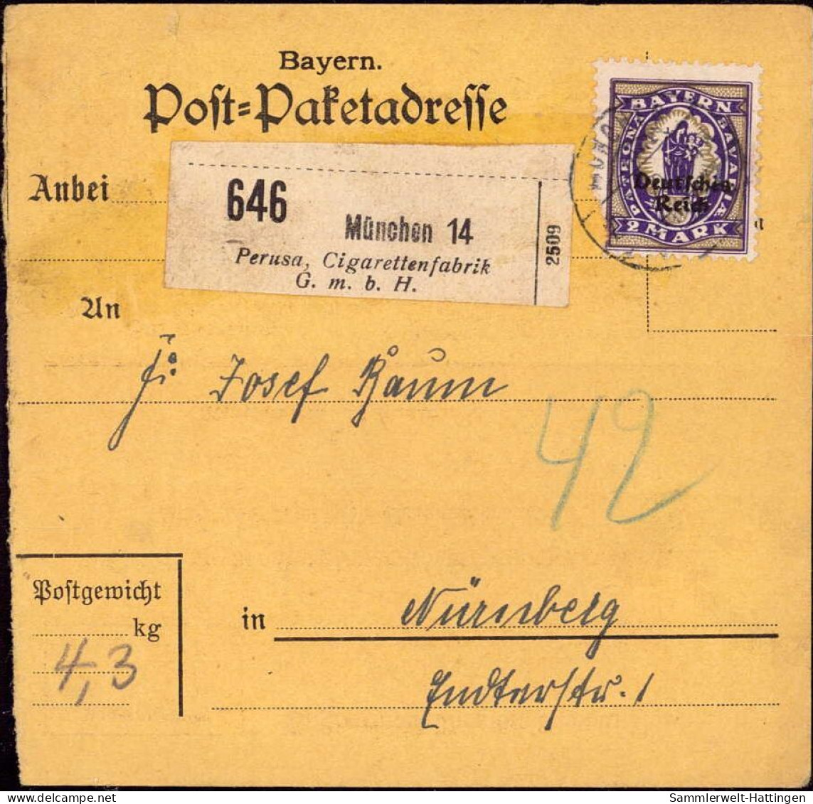 604030 | Bayern Abschied, Paketkarte, Einzelfrankatur, Nr. Zettel Eindruck Der Firma Perusa, Cigarettenfabrik | München - Lettres & Documents