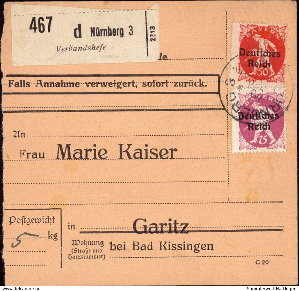 604031 | Bayern Abschied, Paketkarte, Nr. Zettel Mit Eindruck Der Firma Verbandshefe  | Nürnberg (W - 8500), -, - - Lettres & Documents