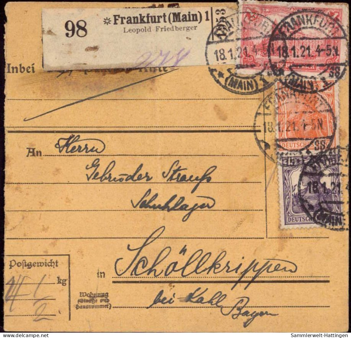 604041 | Inflation, Paketkarte, Nr. Zettel Mit Eindruck Leopold Friedberger, Judaica  | Frankfurt (W - 6000), -, - - Lettres & Documents