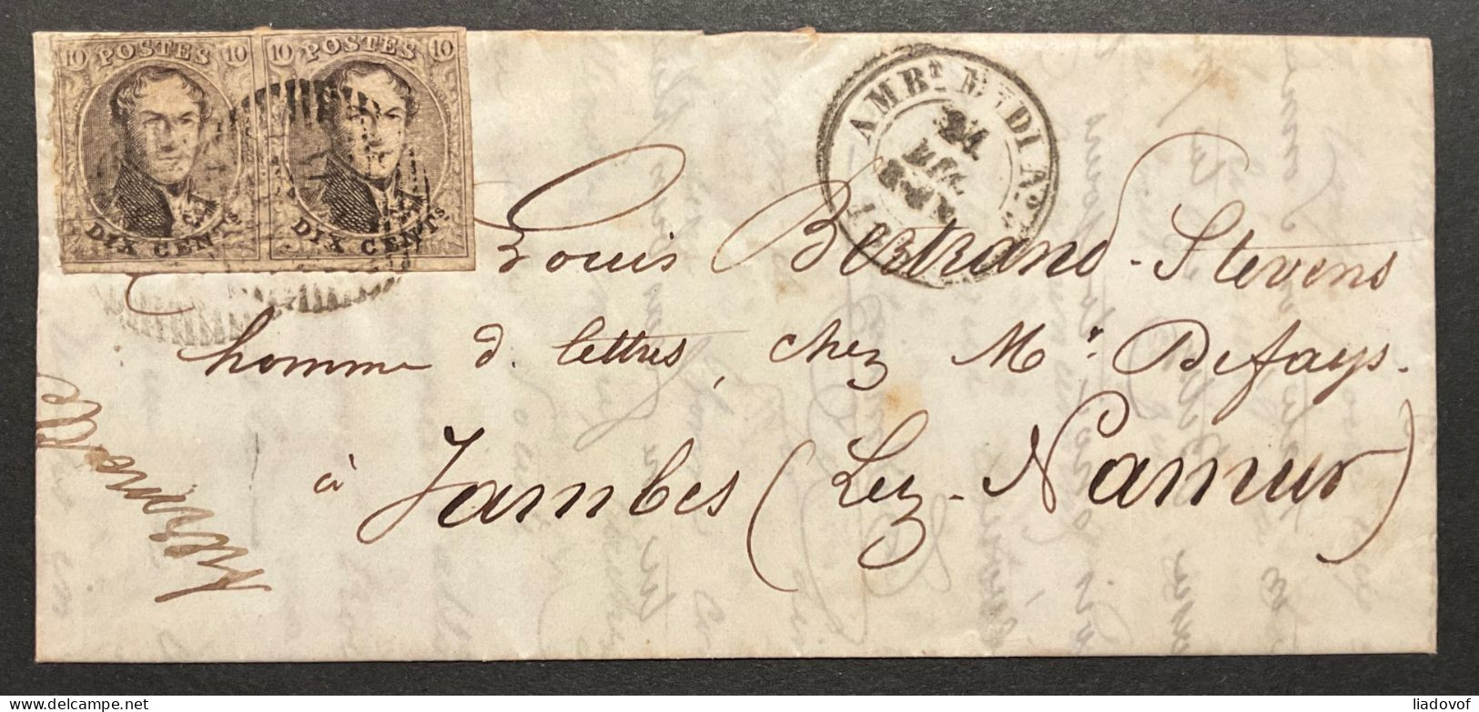 Lettre 21/12/1857 - Affr. OBP 6 Obl. M.V. Ambulant Du Midi No 5 - Manuscrit HERMALLE - 1851-1857 Medallions (6/8)