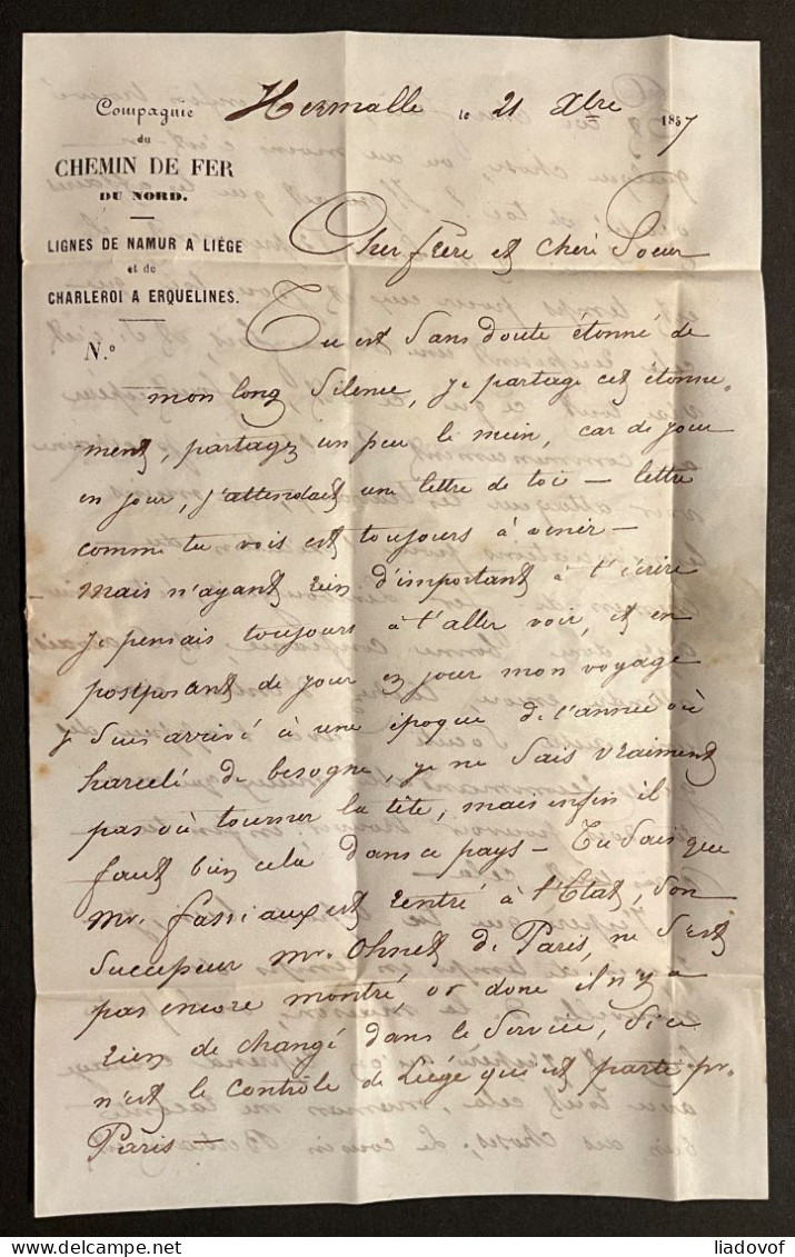Lettre 21/12/1857 - Affr. OBP 6 Obl. M.V. Ambulant Du Midi No 5 - Manuscrit HERMALLE - 1851-1857 Médaillons (6/8)